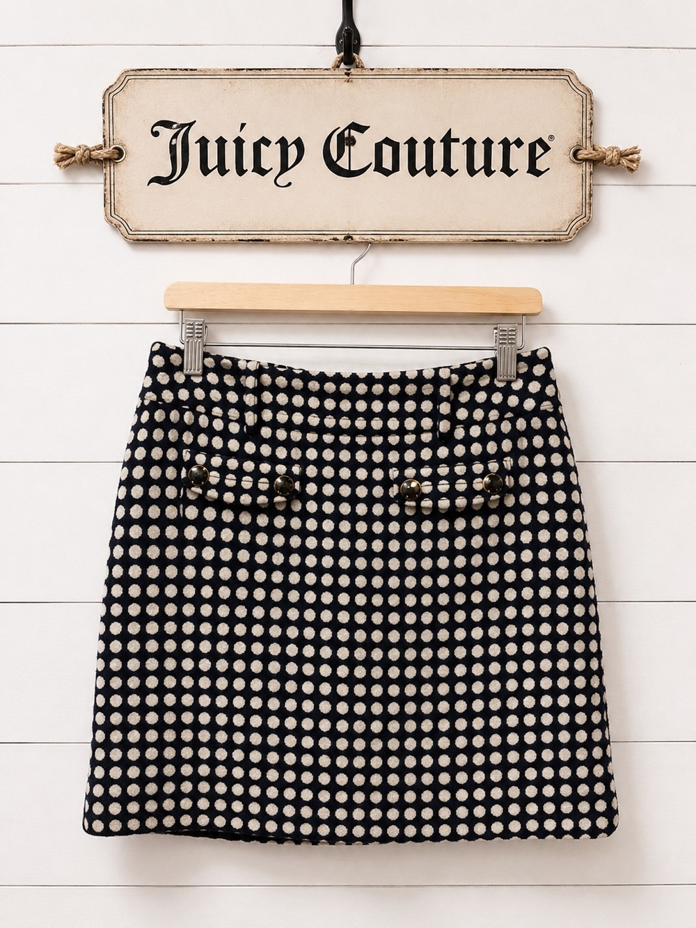 Juicy Couture Navy & Cream Polka Dot Mini Skirt wool blend  Size 4